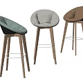Three Modern Minimalist Bar Stools With Green Gray Brown Upholstered Seats And Wooden Legs