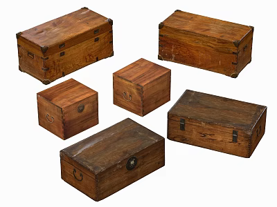 Vintage Wooden Storage Boxes With Metal Hardware In Various Sizes And Shapes 3d model