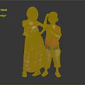 Woman In Colorful Striped Dress Standing With Child In Pink T Shirt Against Gray Background