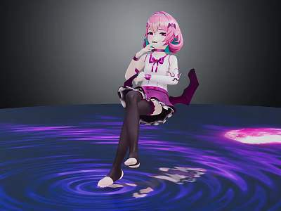 Anime Character Creature with Pink Hair Wearing Purple White Outfit on Glowing Purple Rippled Ground 3d model