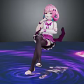 Anime Character Creature with Pink Hair Wearing Purple White Outfit on Glowing Purple Rippled Ground
