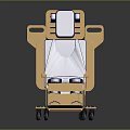 Beige Chair With Blue Cushion Armrests Backrest And Rolling Wheels Design