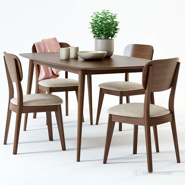 Modern Wooden Dining Table Set with Light Cushioned Chairs Pink Blanket Green Plant Mugs Bowl 3d model 