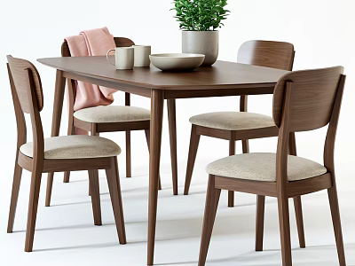Modern Wooden Dining Table Set with Light Cushioned Chairs Pink Blanket Green Plant Mugs Bowl 3d model