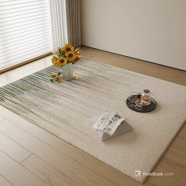 Light Striped Square Rug on Wooden Floor with Sunflower Vase Tray Bottle Cups Magazine 3d model 