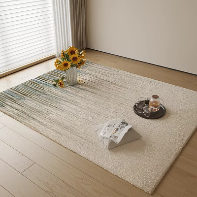 Light Striped Square Rug on Wooden Floor with Sunflower Vase Tray Bottle Cups Magazine 3d model