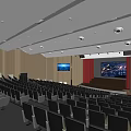 Modern Spacious Conference Room With Rows Of Seats Dual Screens And Wooden Walls