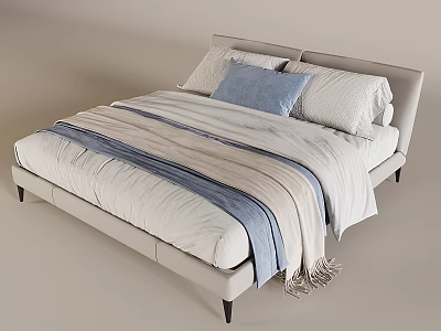 Modern Double Bed with Upholstered Headboard White Sheets Blue Beige Striped Blanket and Pillows 3d model