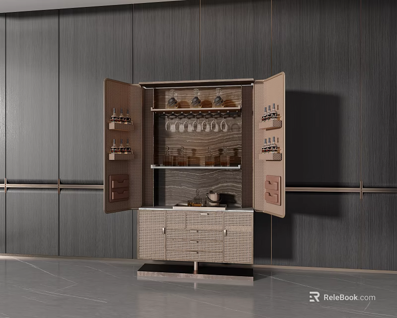 Modern Open Wine Cabinet With Glass Shelves Wine Glasses And Bottles 3d model 