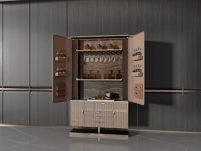 Modern Open Wine Cabinet With Glass Shelves Wine Glasses And Bottles 3d model