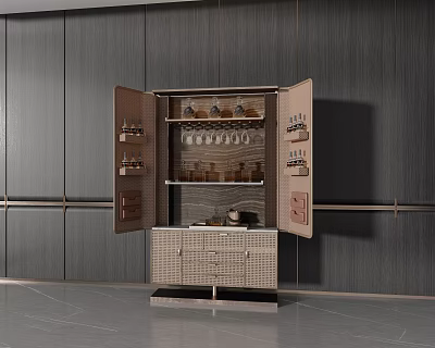 Modern Open Wine Cabinet With Glass Shelves Wine Glasses And Bottles 3d model