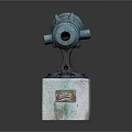 Antique Brass Cannon With Green Patina On Stone Pedestals And Ornate Carvings