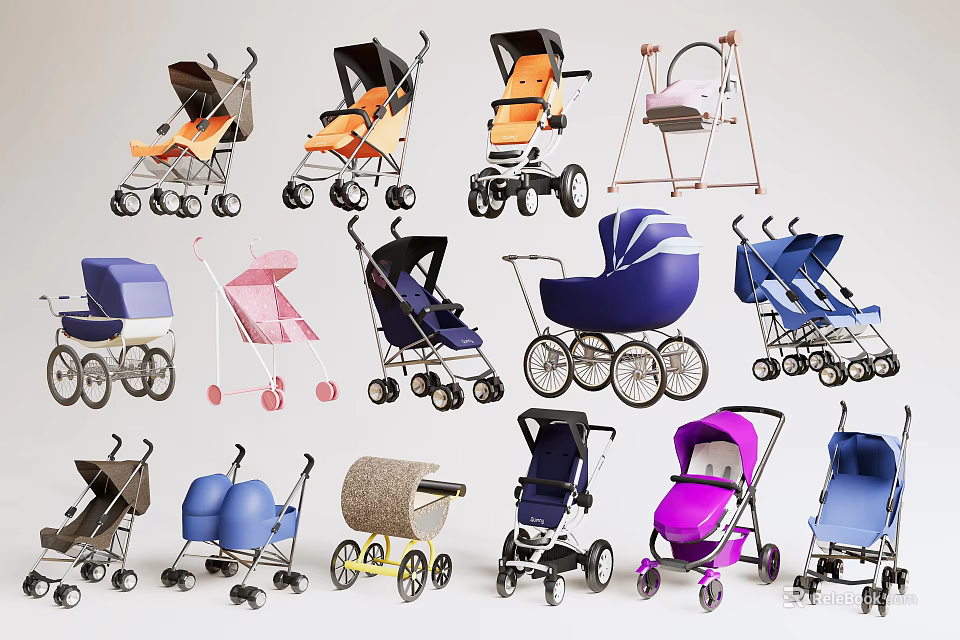 Various Colorful Baby Strollers With Different Designs And Styles For Infants 3d model 