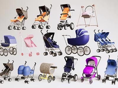 Various Colorful Baby Strollers With Different Designs And Styles For Infants 3d model