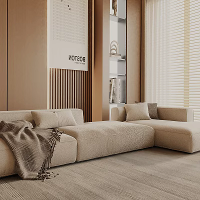 Modern Beige Three Seater Sofa With Throw Blanket And Cushions In Minimalist Room 3d model