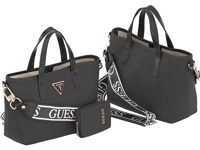Black GUESS Handbags Tote Bags With Small Wallet And Logo Shoulder Strap 3d model