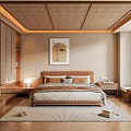 Natural Woven Rattan Ceiling Bedroom Interior With Wooden Cabinets Neutral Bedding And Abstract Painting