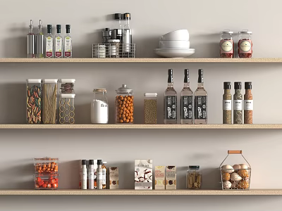 Organized Kitchen Shelves Displaying Various Spice Bottles Jars And Storage Containers 3d model