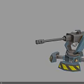 Mechanical Turret Weapon With Gray Blue Structure And Yellow Warning Stripes On Base