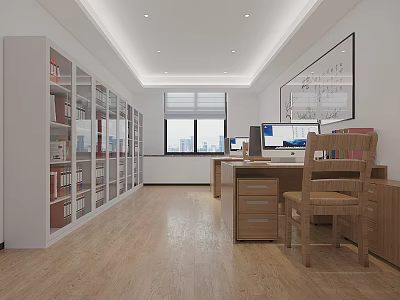 Modern Office Interior With Open Bookshelves Large Window Wooden Desk Chair And Computer Setup 3d model