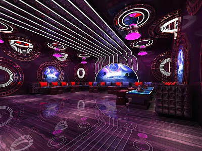 Modern KTV Interior Design With Neon Lights Circular Decorations Leather Sofas And Bar Counter 3d model