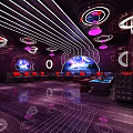 Modern KTV Interior Design With Neon Lights Circular Decorations Leather Sofas And Bar Counter