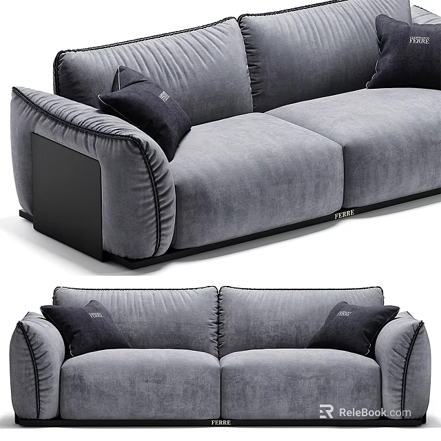 Modern Gray Velvet Multi Seater Sofa With Black Cushions And Stitched Armrests 3d model 