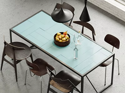Modern Dining Table Set With Light Blue Tabletop Dark Chairs And Fruit Basket 3d model