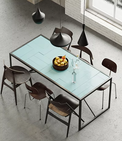 Modern Dining Table Set With Light Blue Tabletop Dark Chairs And Fruit Basket 3d model