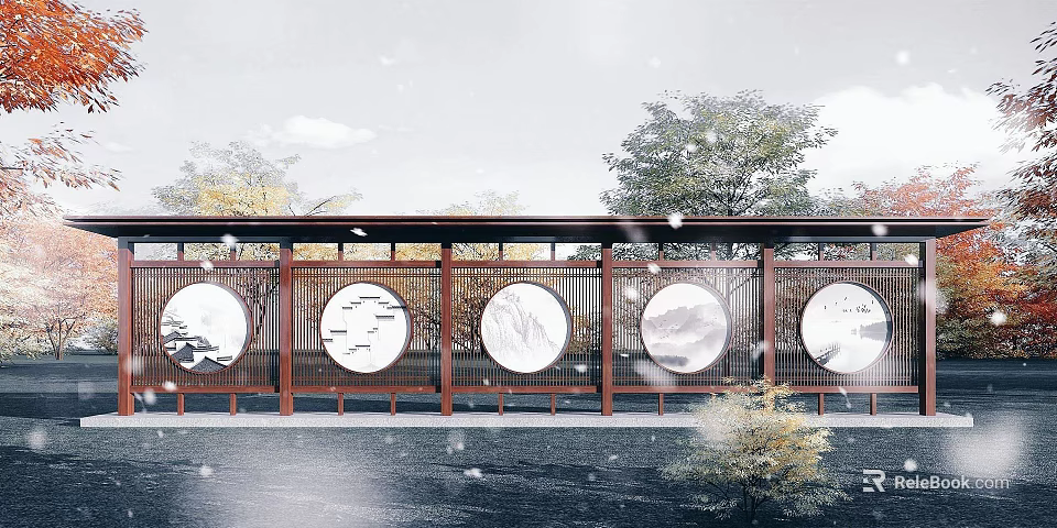 Traditional Chinese Garden Landscape with Circular Windows Wooden Fences and Landscape Patterns 3d model 