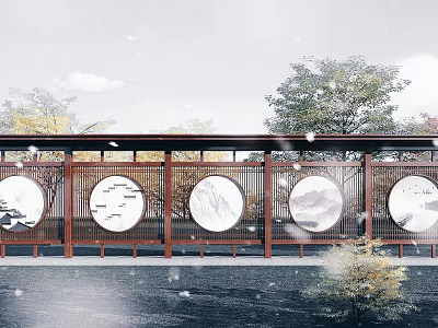 Traditional Chinese Garden Landscape with Circular Windows Wooden Fences and Landscape Patterns 3d model