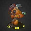 Robot Character with Blue Head Yellow Body Holding Green Orb on Black Base