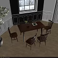Wooden Dining Table Set With 6 Chairs And Green Plant In Bright Room