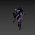 Purple Skinned Game Movie Character With Horns Long Black Hair Striped Body On Yellow Background