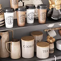 Stylish Cups And Mugs Display On Kitchen Shelf With Coffee Machine Tea Canisters And Daisies
