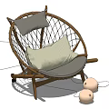 Natural Rattan Leisure Chair With Wooden Frame Gray Backrest Light Cushion And Two Round Balls