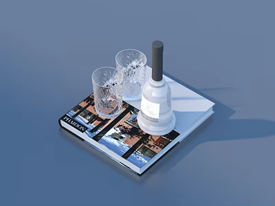 Everyday Kitchen Supplies With Patterned Glass Cups White Bottle And Cooking Magazine 3d model