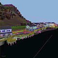 Traditional Commercial Street with River View Mountain Backdrop Sunset Evening Pedestrian Walkway and Wooden Boats