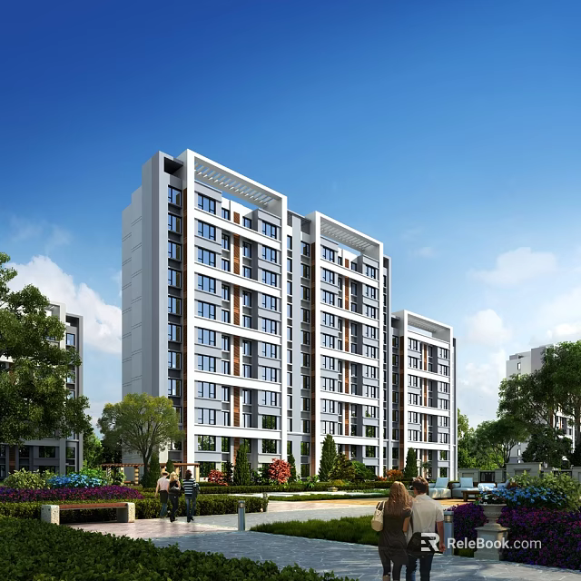 Modern Residential Apartment Building With Balconies Green Trees And Blue Sky View 3d model 