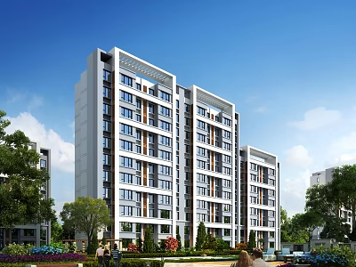 Modern Residential Apartment Building With Balconies Green Trees And Blue Sky View 3d model