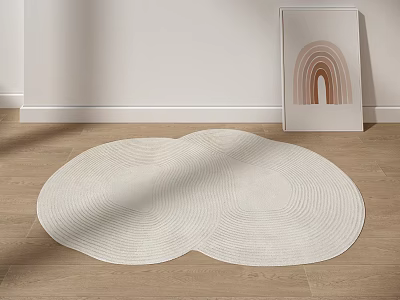 White Oval Stylish Rugs With Concentric Circle Patterns On Wooden Floor And Rainbow Decor Painting 3d model