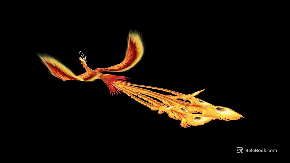A Phoenix With Gold And Red Feathers Spreading Wings Flying On Black Background 3d model 