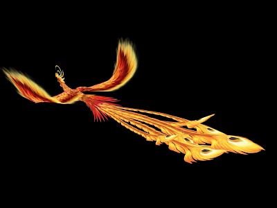 A Phoenix With Gold And Red Feathers Spreading Wings Flying On Black Background 3d model