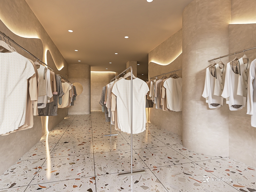 Minimalist Modern Clothing Store Interior With Hanging Clothes Patterned Tile Floor And Warm Lighting 3d model 