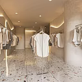 Minimalist Modern Clothing Store Interior With Hanging Clothes Patterned Tile Floor And Warm Lighting