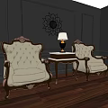 Classic Leisure Armchair Set With Wooden Coffee Table And Lamp Against Dark Wall Floral Decor 3d model