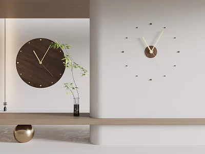 Modern Brown Wooden Wall Mounted Clocks in Minimalist Interior with Green Plant and Gold Sphere 3d model