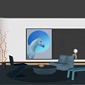 Modern Leisure Area Interior With Blue Sofa Round Coffee Table and Unicorn Art Decor