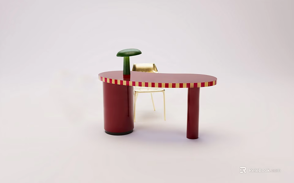 Red Striped Modern Office Desk With Green Stool And Yellow Chair 3d model 