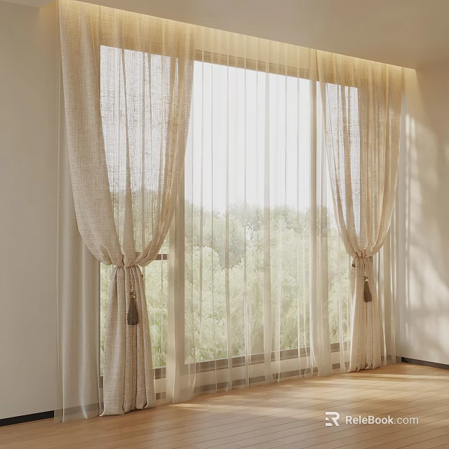 Elegant Beige Curtains With Sheer Panels And Tassel Tiebacks In Bright Room 3d model 